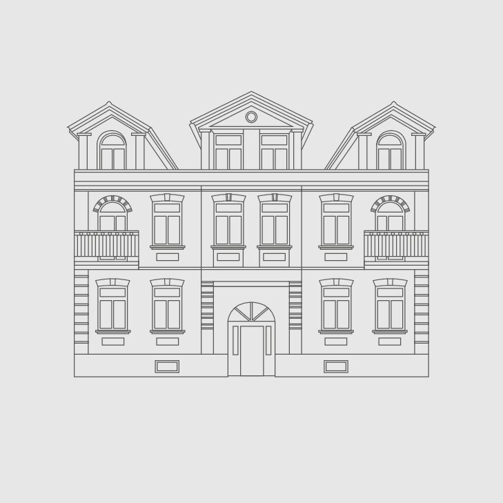 Na białym tle graficzny rysunek dwupiętrowej kamienicy