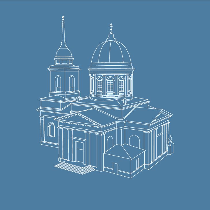 Na niebieskim tle biały rysunek kamienicy z wieżyczką